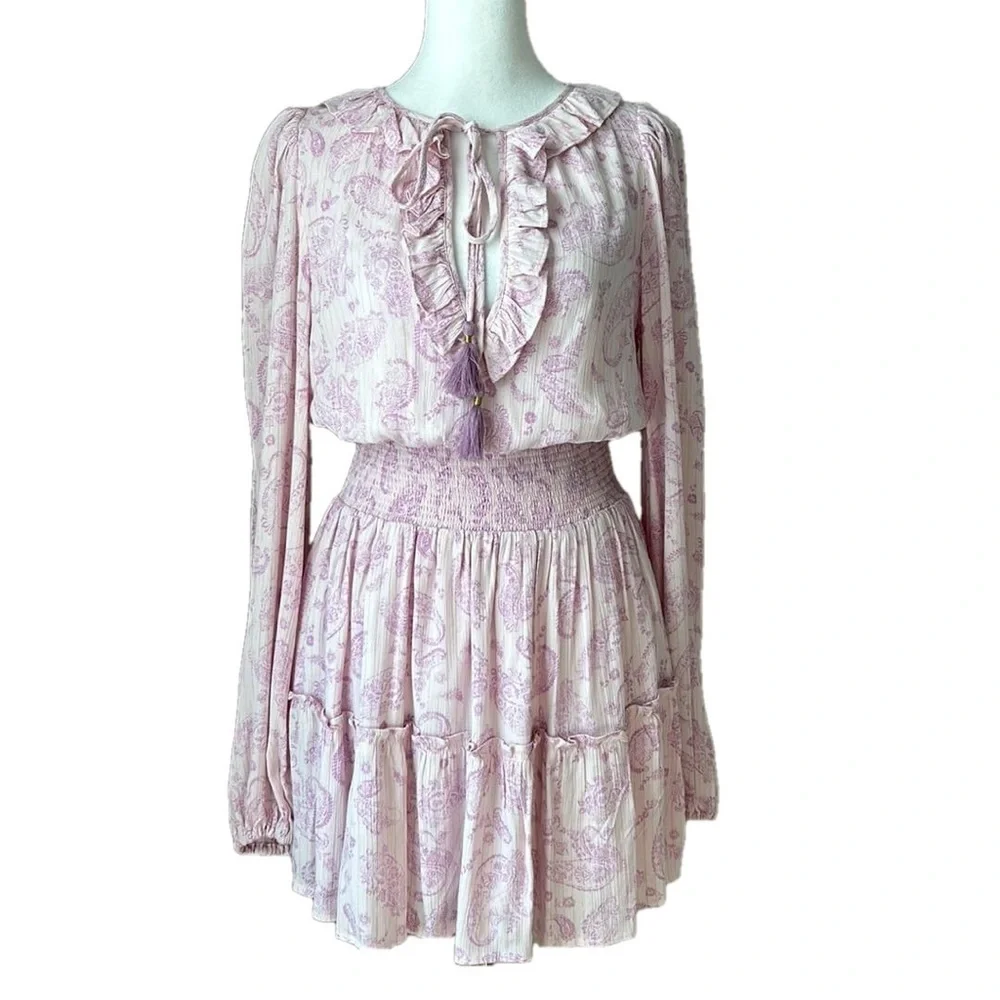 New House of Harlow 1960 Pink Purple Boho Mini Dress Paisley Long Sleeve size XS - Picture 1 of 12